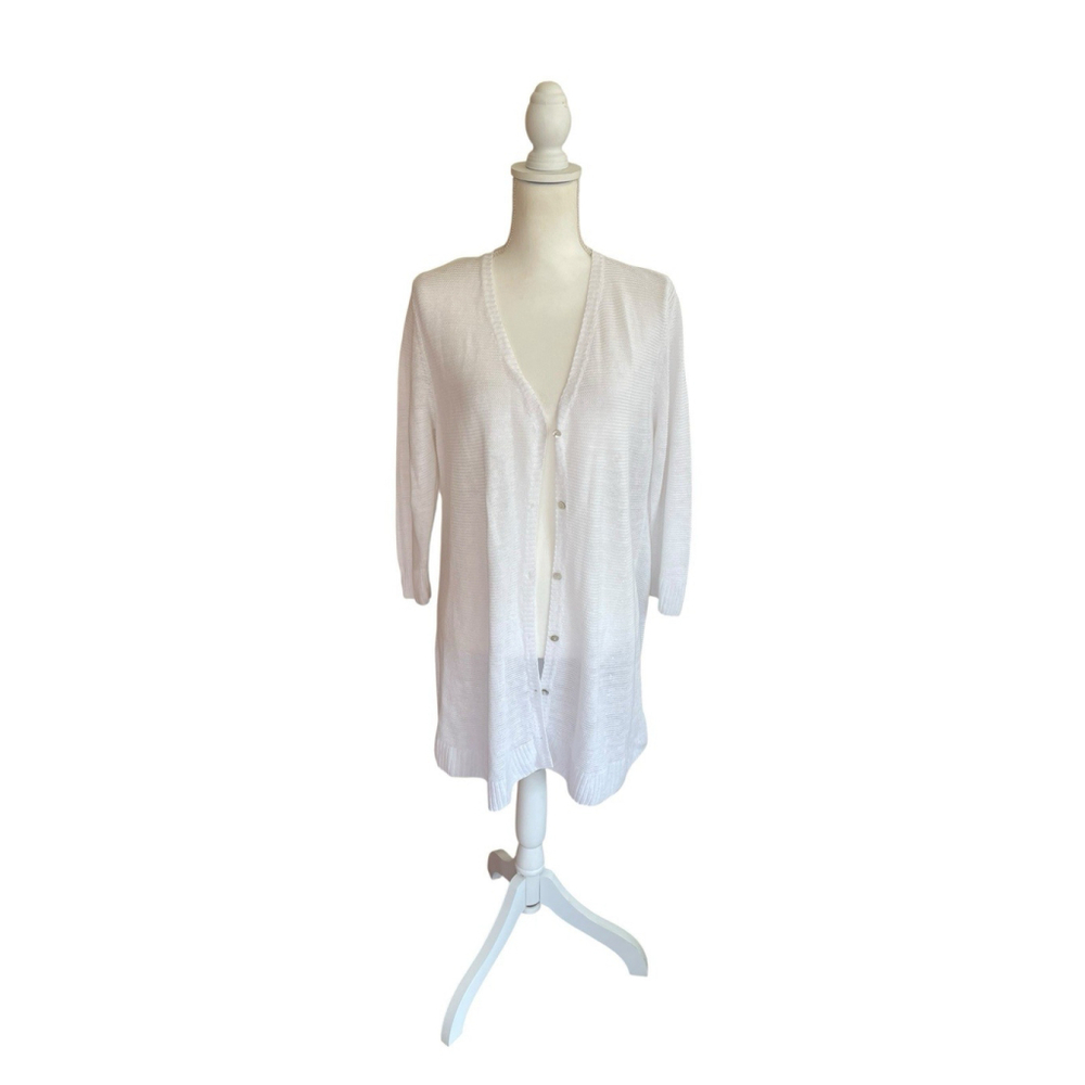 Eileen Fisher Women's 100% Linen Button Front Long Line Cardigan White XL